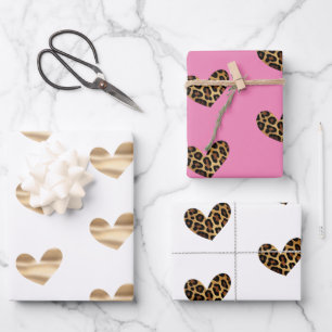 White and Pink Gold Glam and Leopard Hearts Wrapping Paper Sheet