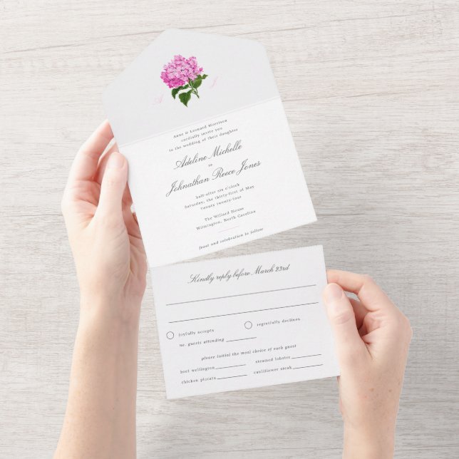 White and Pink Hydrangea All in One  Invitation (Tearaway)