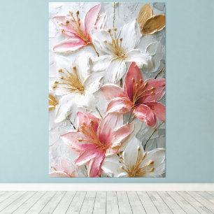 White and Pink Lilies with Gold Texture Abstract  Canvas Print
