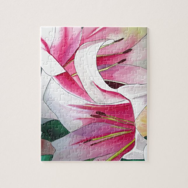 White and pink lily flower watercolor art jigsaw puzzle (Vertical)