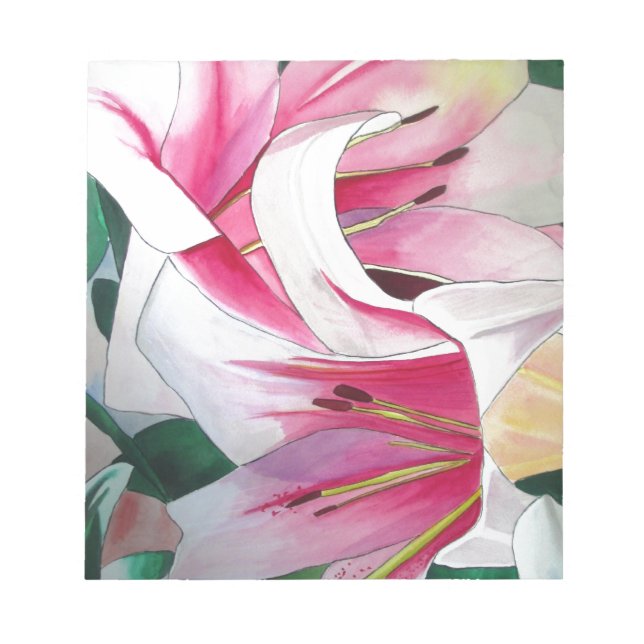 White and pink lily flower watercolor art notepad (Front)