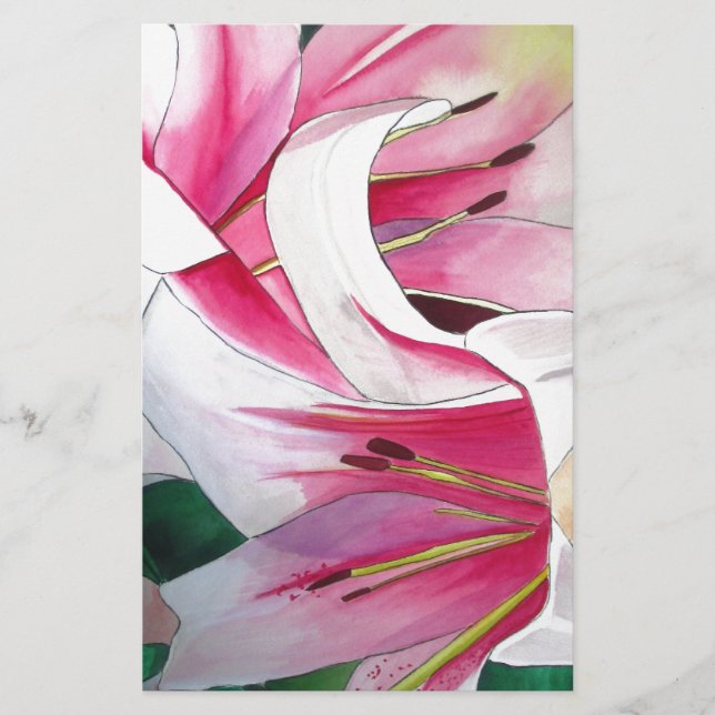 White and pink lily flower watercolor art stationery (Front)