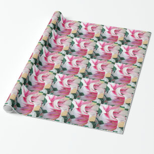White and pink lily flower watercolor art wrapping paper