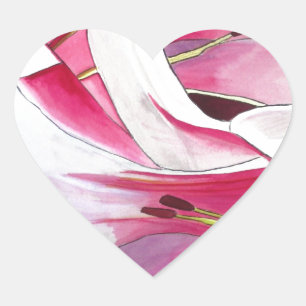 White and Pink Lily flower watercolor original art Heart Sticker