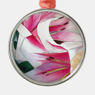 White and Pink Lily flower watercolor original art Metal Tree Decoration