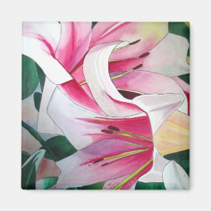 White and pink lily watercolour art magnet