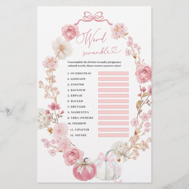 White and Pink Little Pumpkin Word Scramble (Front)