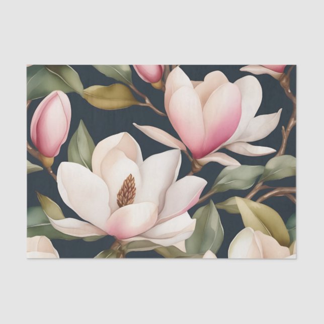 White And Pink Magnolia Flowers Pattern Tissue Paper (Front)
