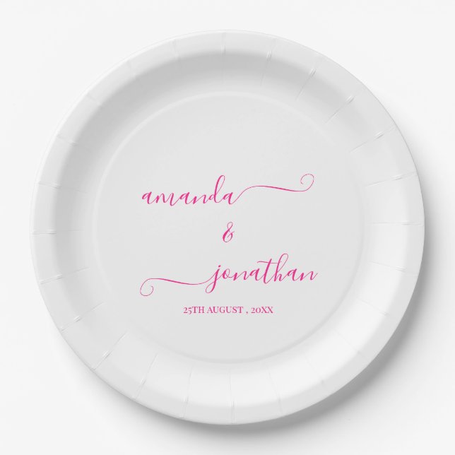 White and Pink Minimalist Elegant Script Wedding  Paper Plate (Front)