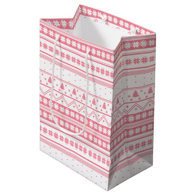 White And Pink Nordic Sweater Christmas Pattern   Medium Gift Bag (Front Angled)