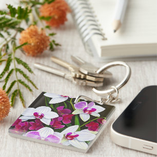 White and pink orchid flowers key ring