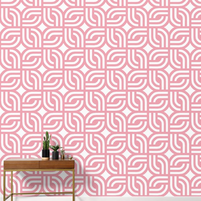 White and pink ornamental geometric tile wallpaper (Hallway)