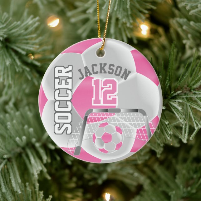 White and Pink Personalise Soccer ⚽ Ball Ceramic Tree Decoration (Tree)