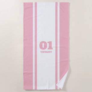 White and Pink Pink Sports Stripe Name & Number Beach Towel