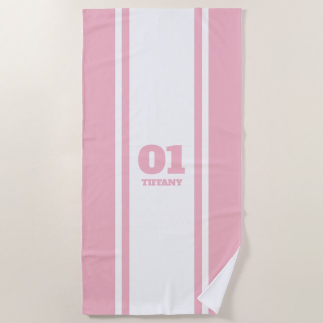 White and Pink Pink Sports Stripe Name & Number Beach Towel (Front)