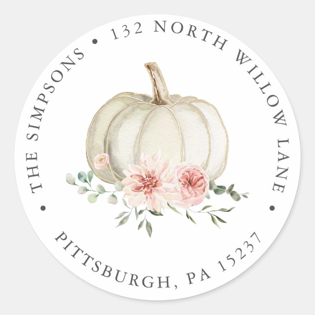 White and Pink Pumpkin Return Address Classic Round Sticker (Front)