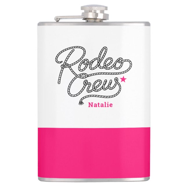 White and Pink Rodeo Crew Western Bachelorette Hip Flask (Front)