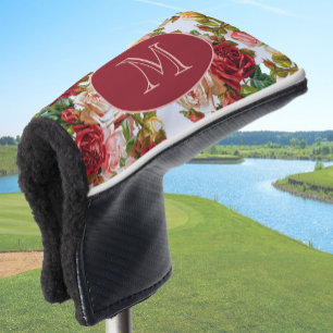 White and Pink Roses Floral Custom Monogram Golf Head Cover