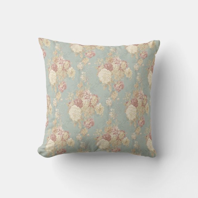 White and Pink Roses on Blue Shabby Chic Cushion (Front)