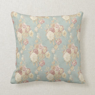 White and Pink Roses on Blue Shabby Chic Cushion
