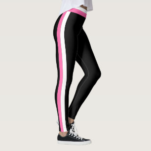 White and Pink Side Stripe Black Sports Leggings