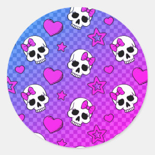 White and pink skull and hearts pattern classic round sticker