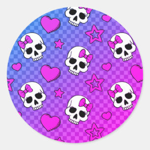 White and pink skull and hearts pattern classic round sticker