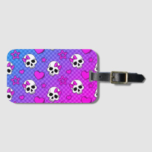 White and pink skull and hearts pattern luggage tag