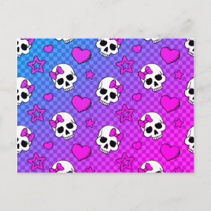 White and pink skull and hearts pattern postcard