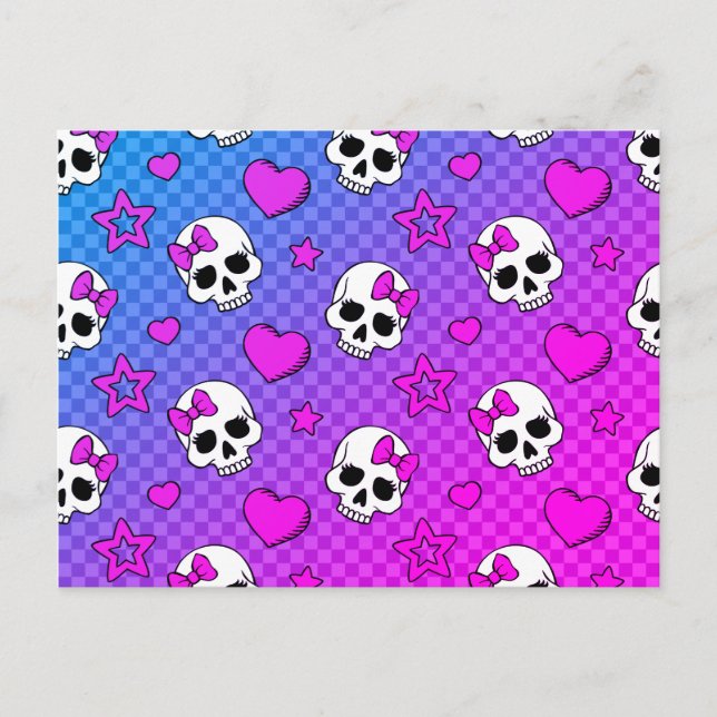 White and pink skull and hearts pattern postcard (Front)