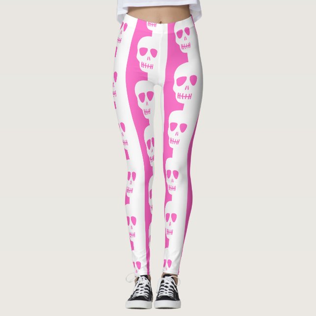 White and pink Skulls pattern Leggings (Front)