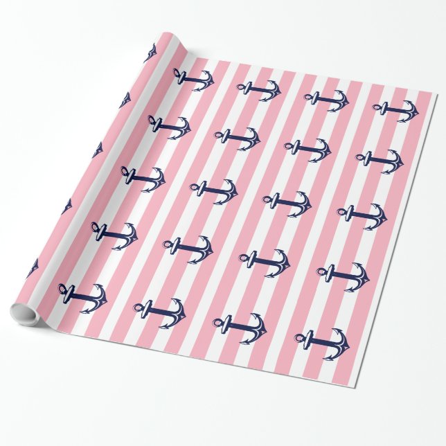 White And Pink Stripes Blue Nautical Anchor Wrapping Paper (Unrolled)