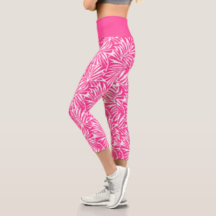 White And Pink Tropical Leaf Repeating Pattern Capri Leggings