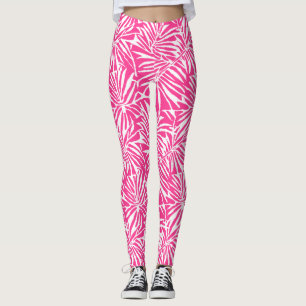 White And Pink Tropical Leaf Repeating Pattern Leggings