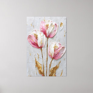 White and Pink Tulips with Gold Texture Abstract Canvas Print