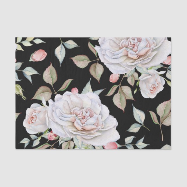 White and Pink Watercolor Roses Black Background Tissue Paper (Front)
