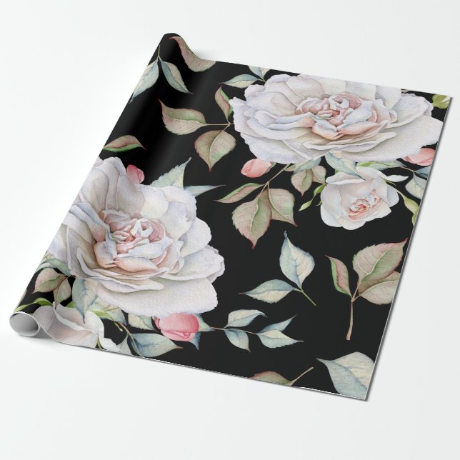 White and Pink Watercolor Roses  Black Background Wrapping Paper (Unrolled)
