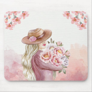 white and pink watercolor Vintage Lady Floral beau Mouse Mat