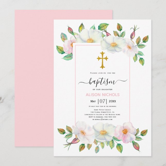 White and pink wild dog rose floral Baptism Invitation (Front/Back)