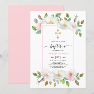 White and pink wild dog rose floral Baptism Invitation