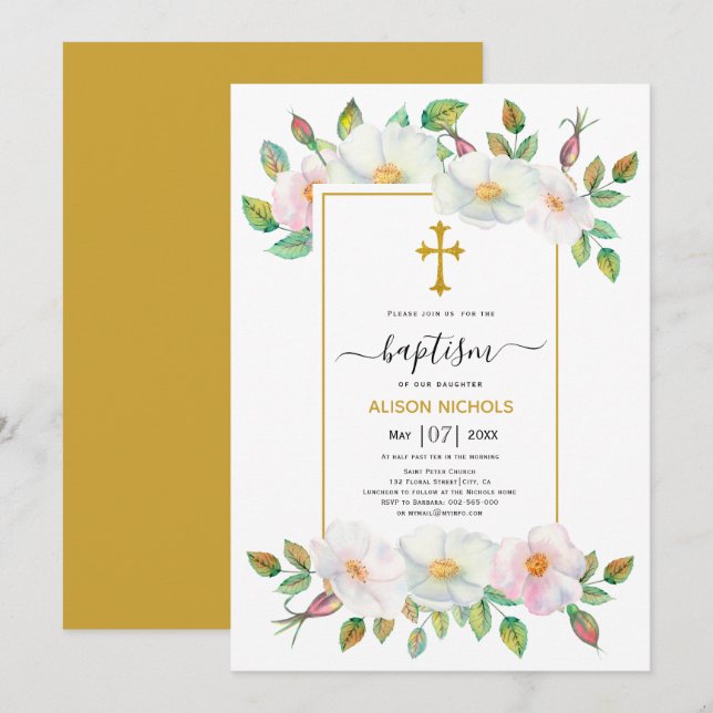 White and pink wild dog roses gold floral Baptism Invitation (Front/Back)