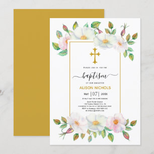 White and pink wild dog roses gold floral Baptism Invitation