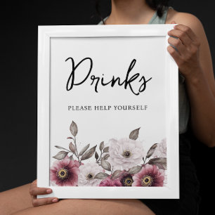 White and Plum Floral Drinks Baby Shower Poster