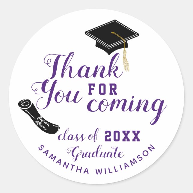 White and Purple Class of 2025 Graduate Thank You Classic Round Sticker (Front)