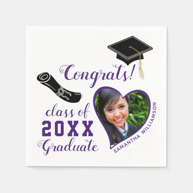White and Purple Class of 2025 Photo Graduation Napkin (Front)