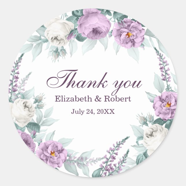 White and Purple Flower Wedding Thank You Sticker (Front)
