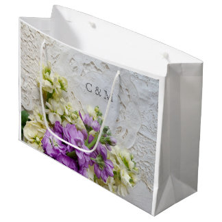White and purple flowers on old lace large gift bag