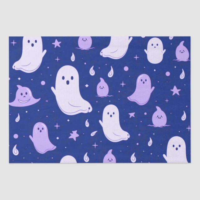 White and Purple Ghosts Stars Blue Halloween Tissue Paper (Front)
