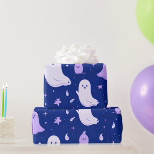 White and Purple Ghosts Stars Blue Halloween Wrapping Paper
