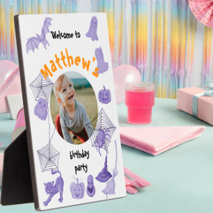 White and purple Halloween birthday party welcome Plaque